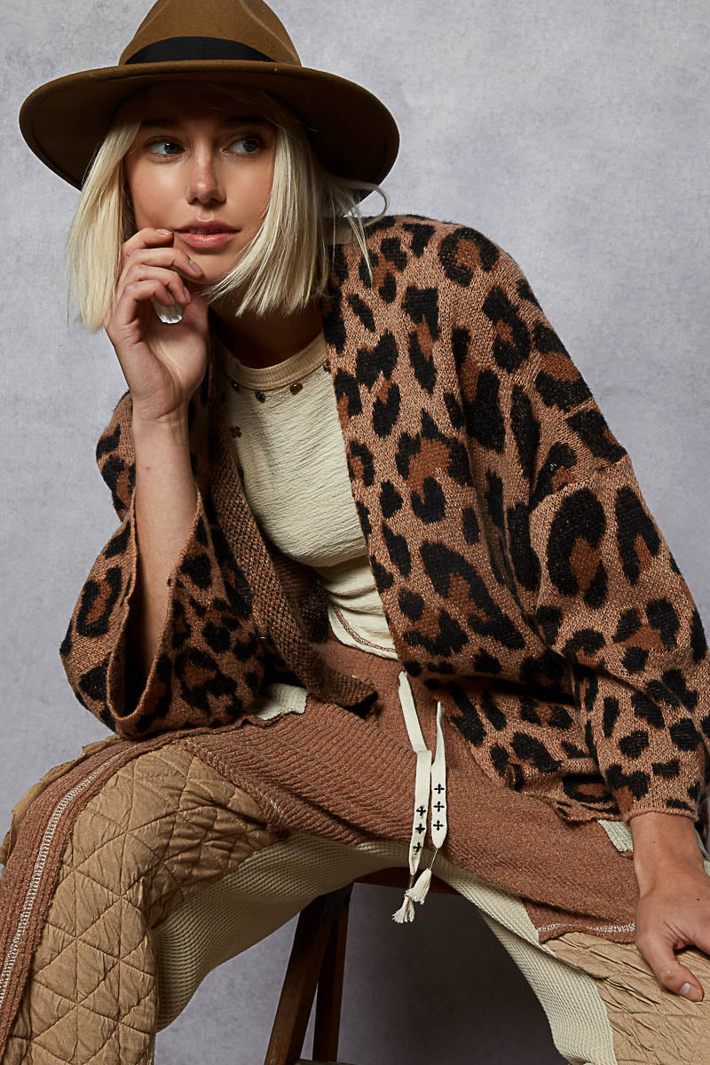 Leopard Drop Shoulder Cardigan by POL - Tan & Mocha