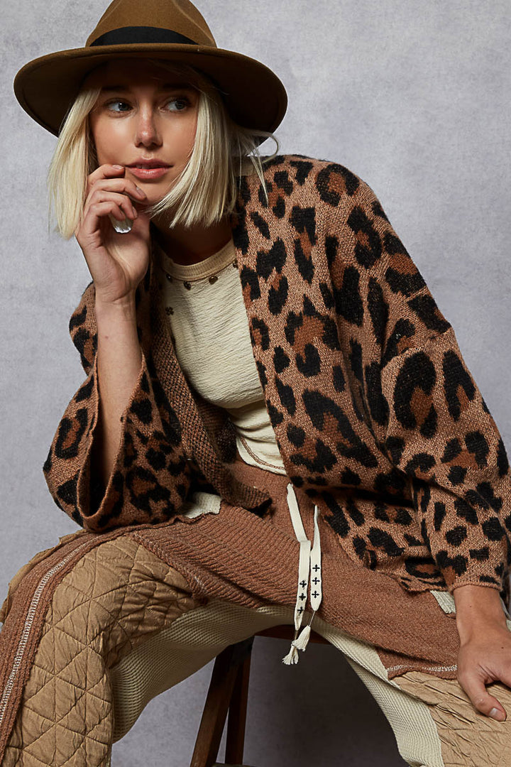 Leopard Drop Shoulder Cardigan by POL - Tan & Mocha