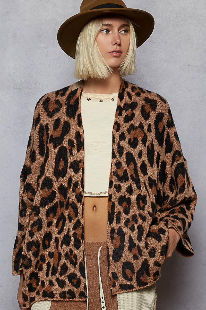 Leopard Drop Shoulder Cardigan by POL - Tan & Mocha