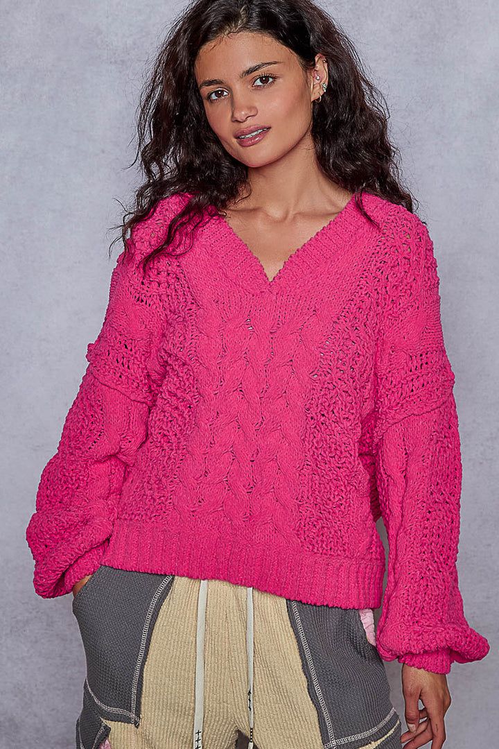Twisted Knit Semi-Cropped Sweater by POL - Fuchsia