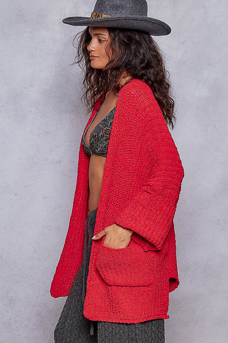 Wide Cuff Sleeve Chunky Knit Cardigan - Apple Red by POL