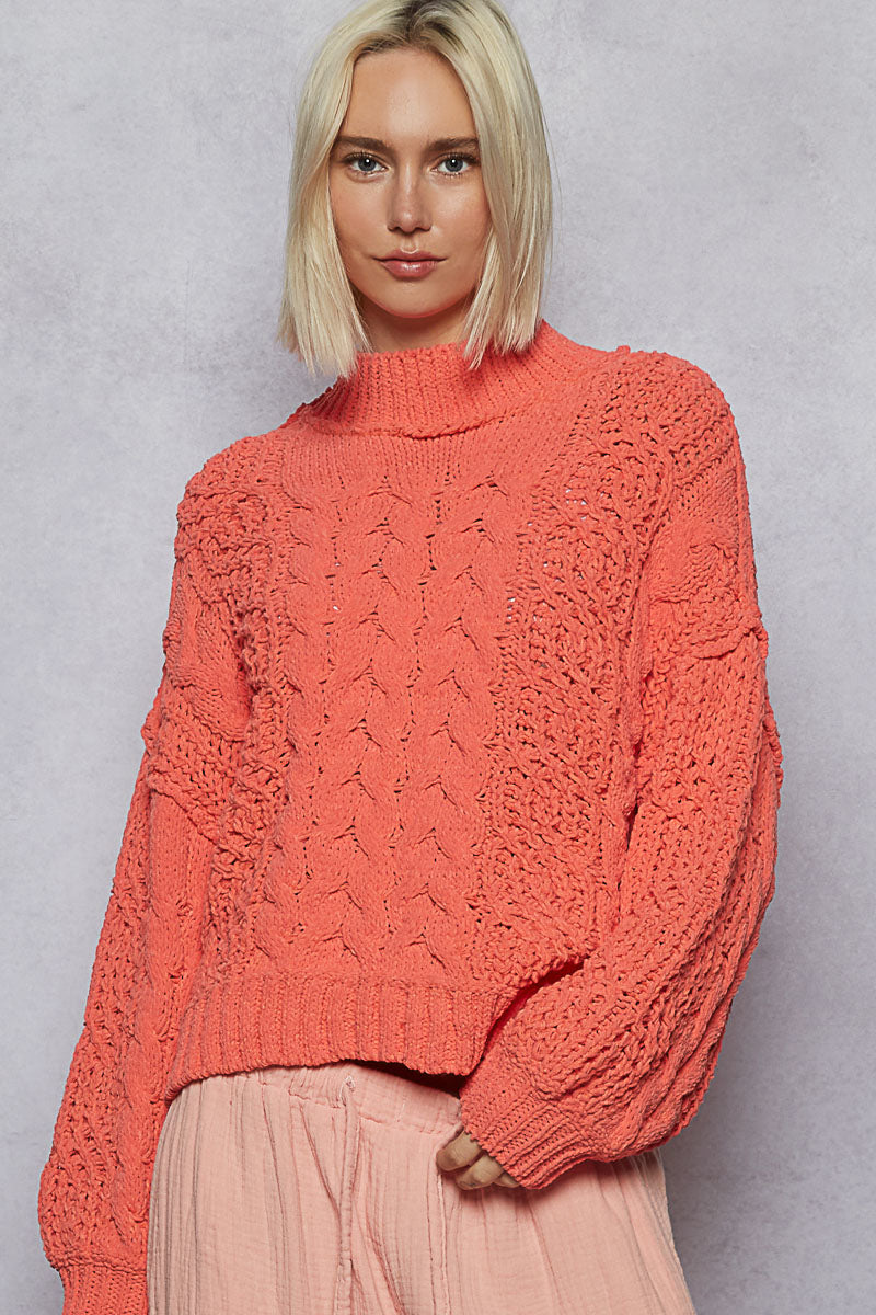 Chunky Cable Knit Mock Neck Sweater - Orange by POL