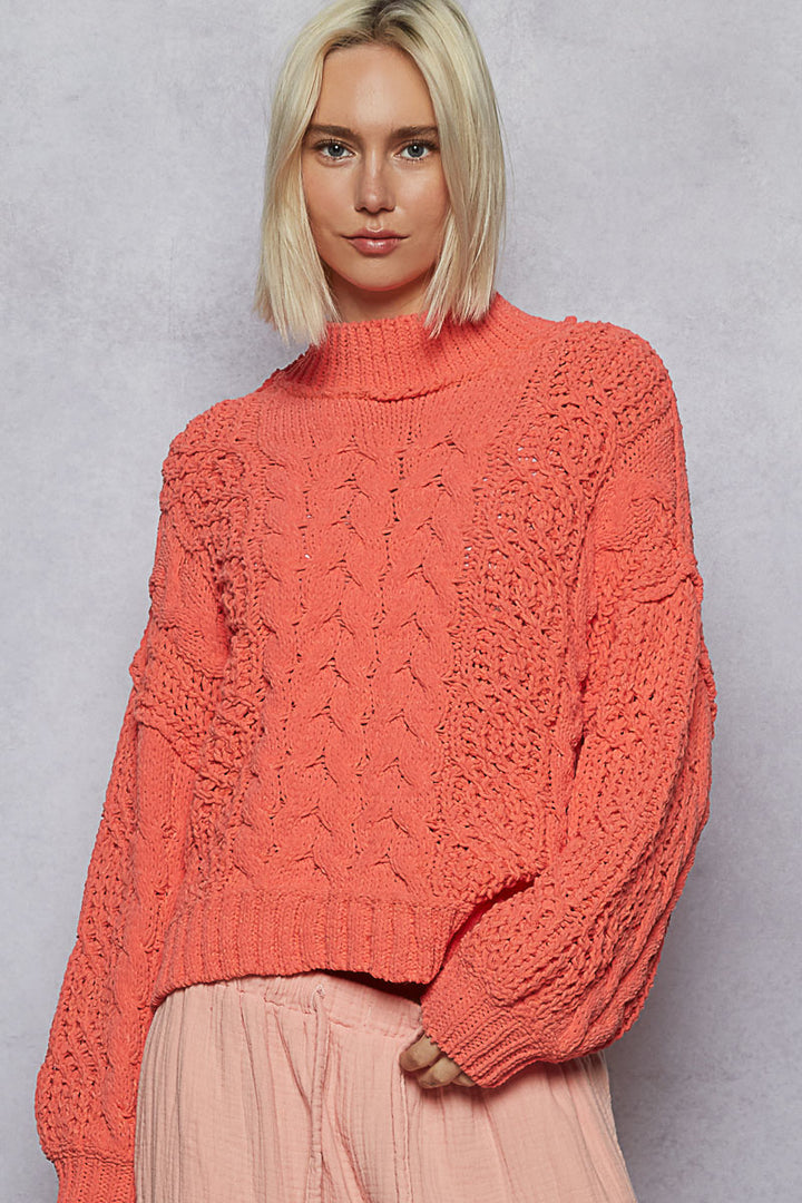 Chunky Cable Knit Mock Neck Sweater - Orange by POL