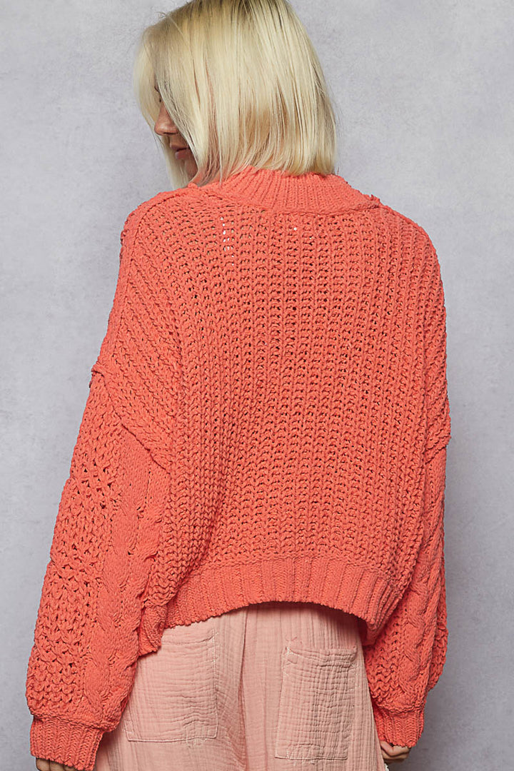 Chunky Cable Knit Mock Neck Sweater - Orange by POL