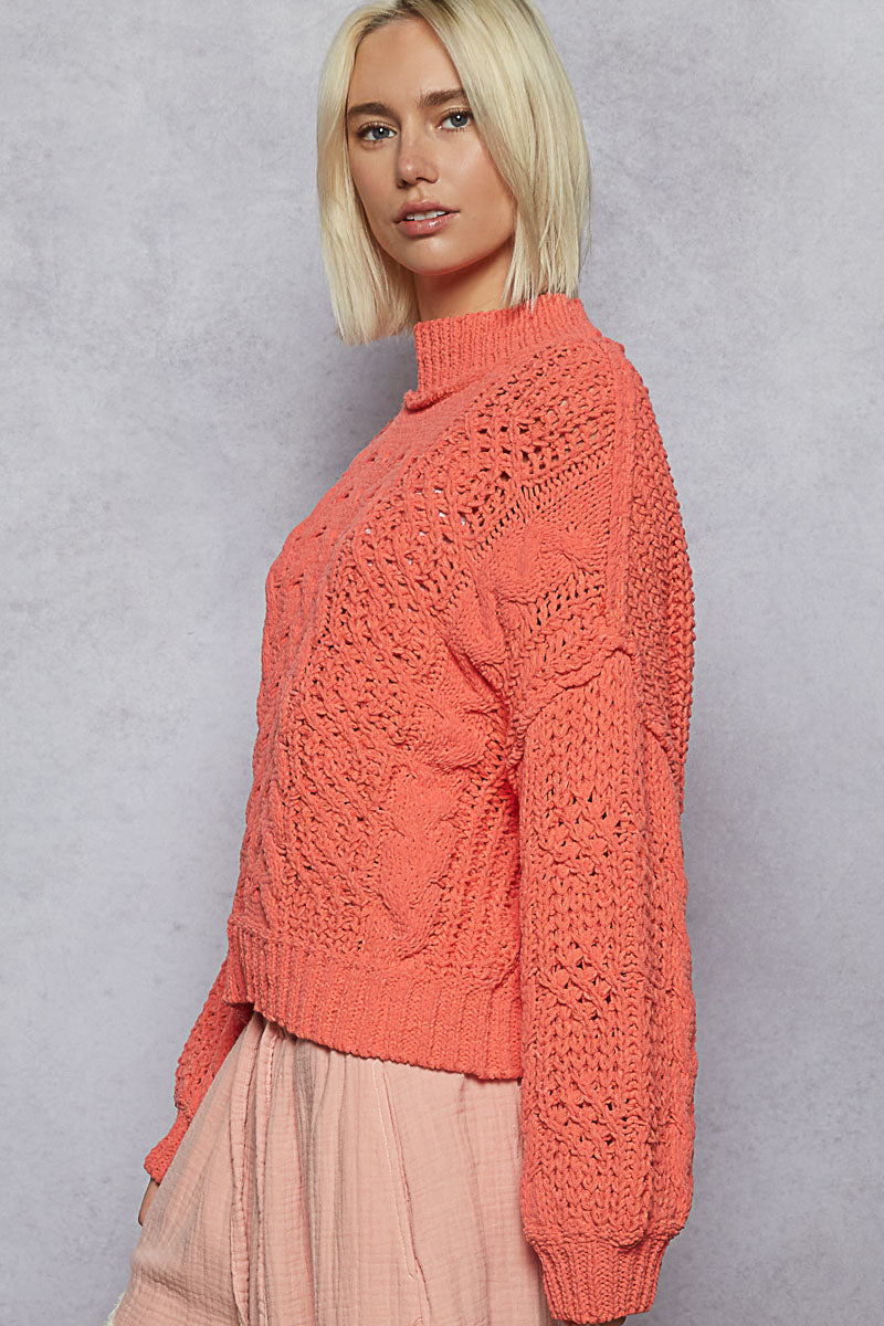 Chunky Cable Knit Mock Neck Sweater - Orange by POL