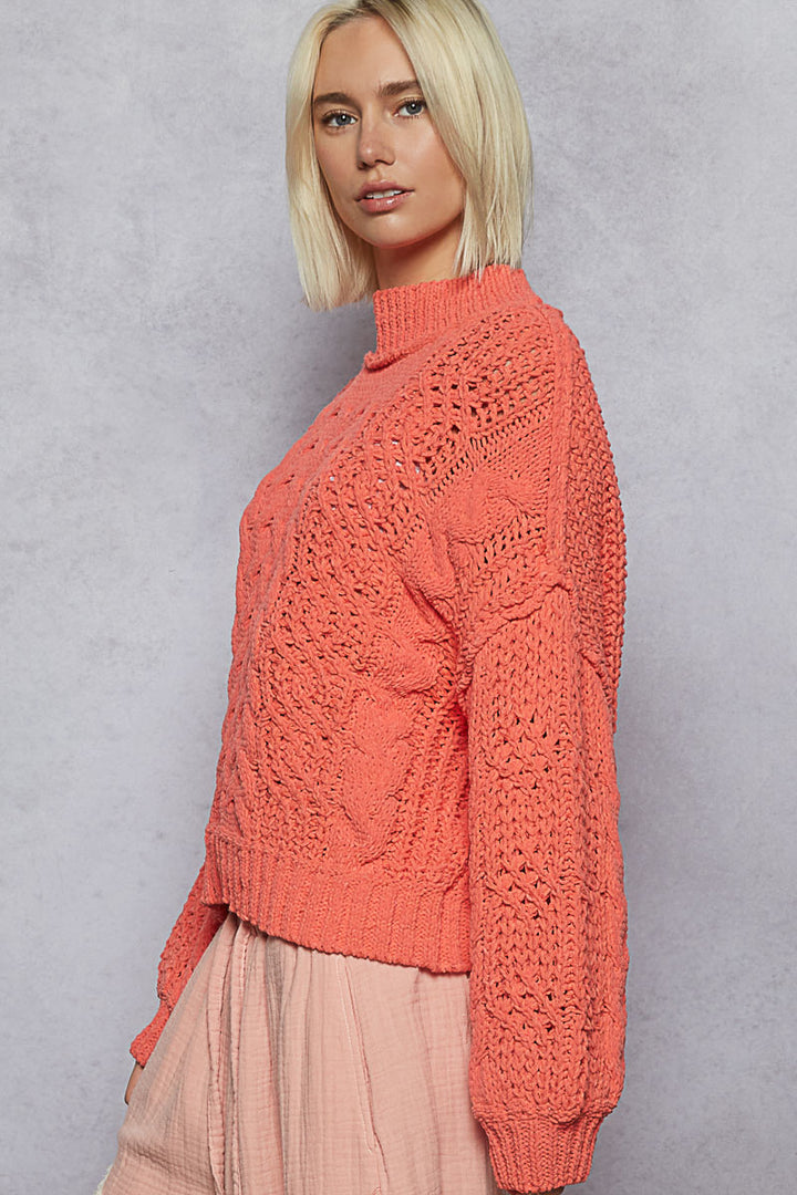 Chunky Cable Knit Mock Neck Sweater - Orange by POL