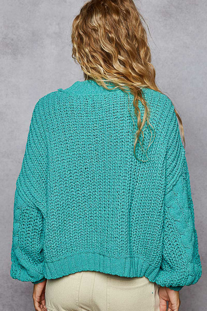 Chunky Cable Knit Mock Neck Sweater - Aqua Teal by POL