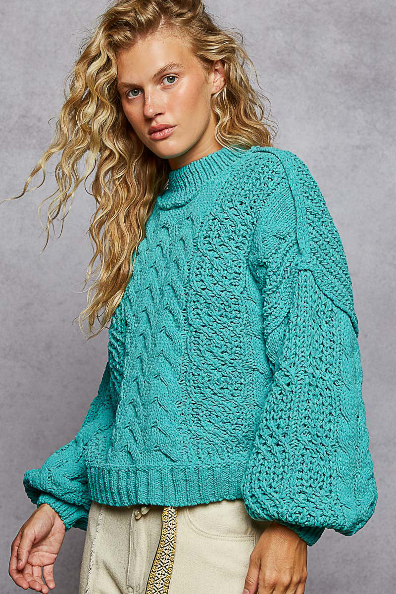 Chunky Cable Knit Mock Neck Sweater - Aqua Teal by POL