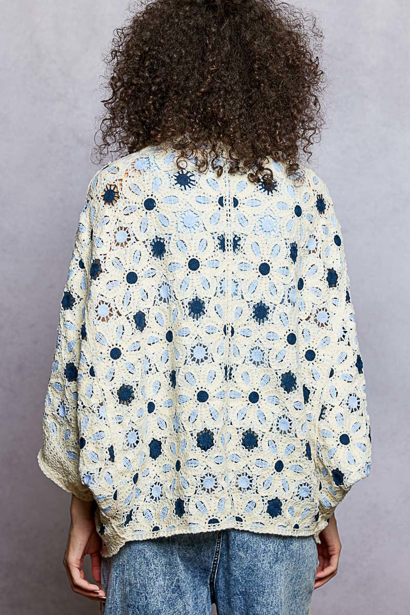 Blue Floral Crochet Dolman Cardigan by POL