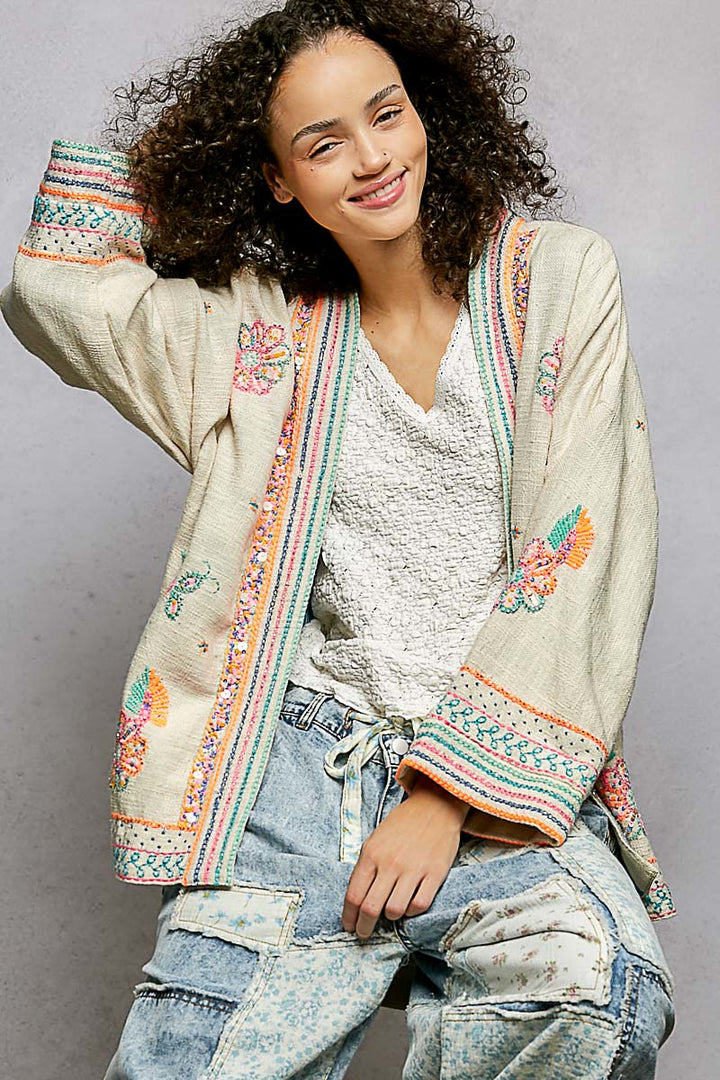 Embroidered Kimono Cardigan by POL