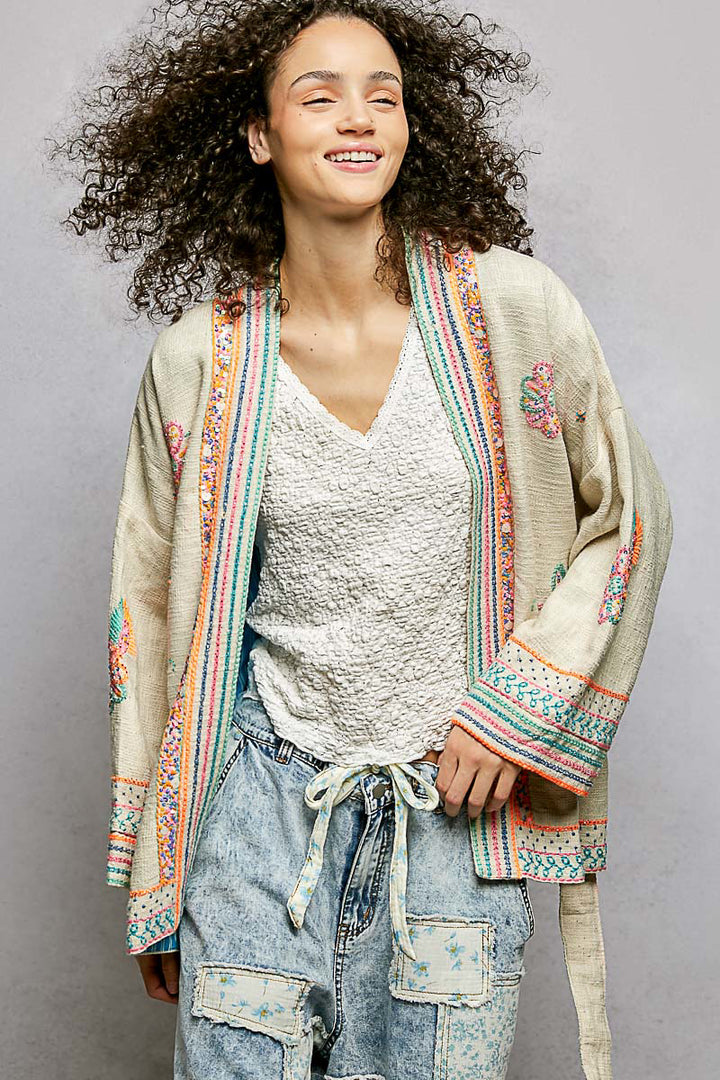 Embroidered Kimono Cardigan by POL