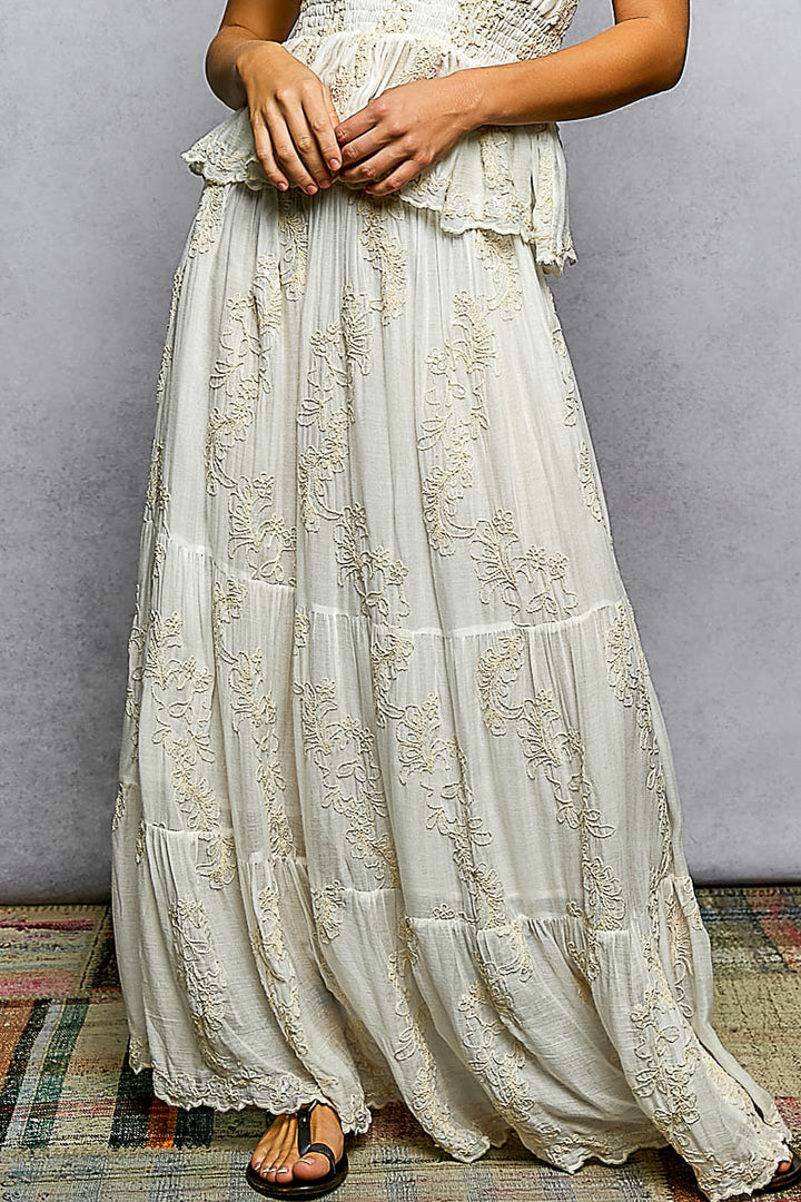 Ivory Embroidered Maxi Skirt by POL