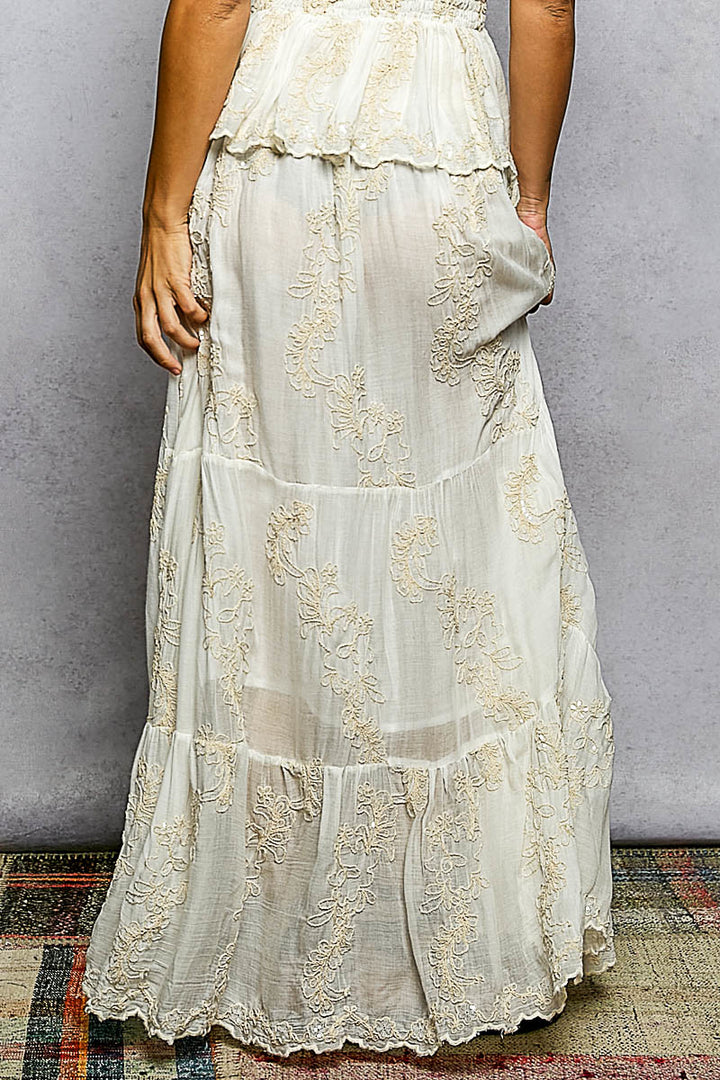 Ivory Embroidered Maxi Skirt by POL