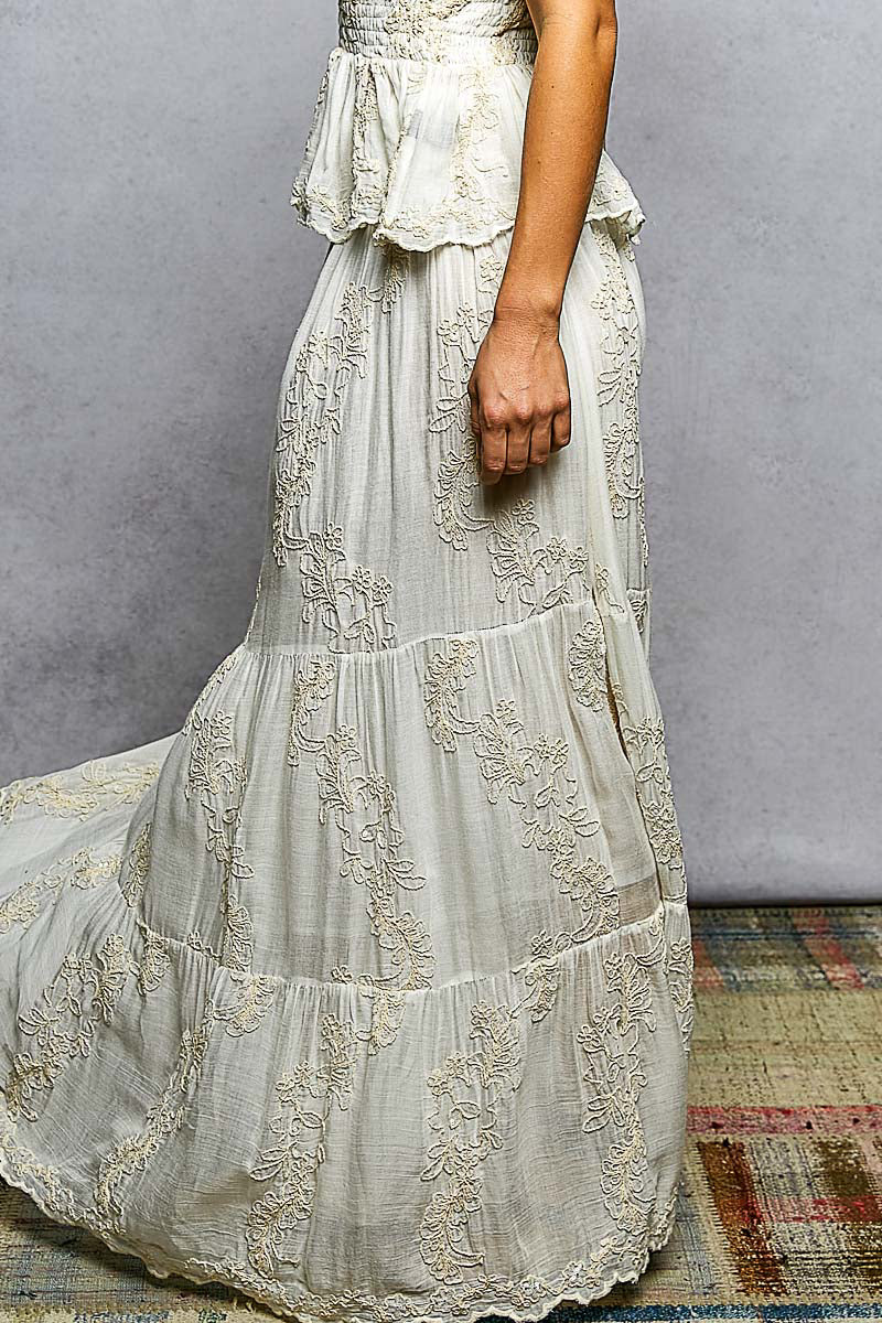 Ivory Embroidered Maxi Skirt by POL