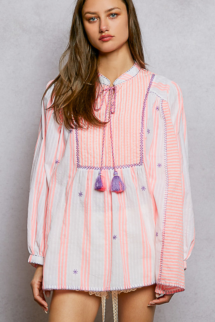 Mandarin Collar Boxy Top - Pink by POL