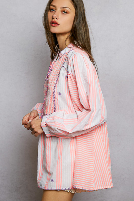 Mandarin Collar Boxy Top - Pink by POL