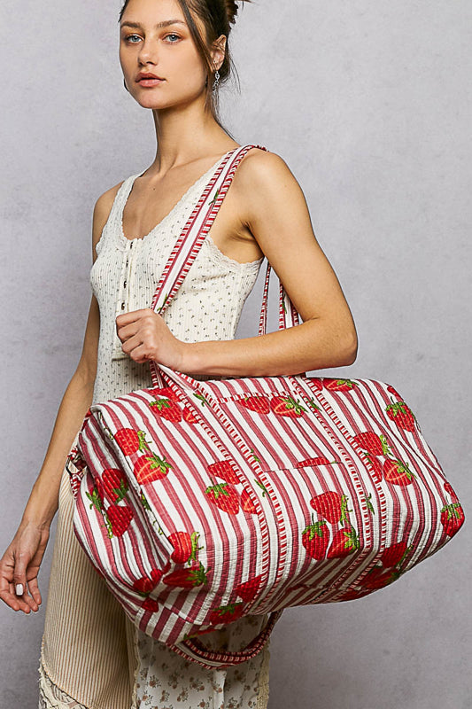 Strawberry Striped Quilted Duffle Tote by POL
