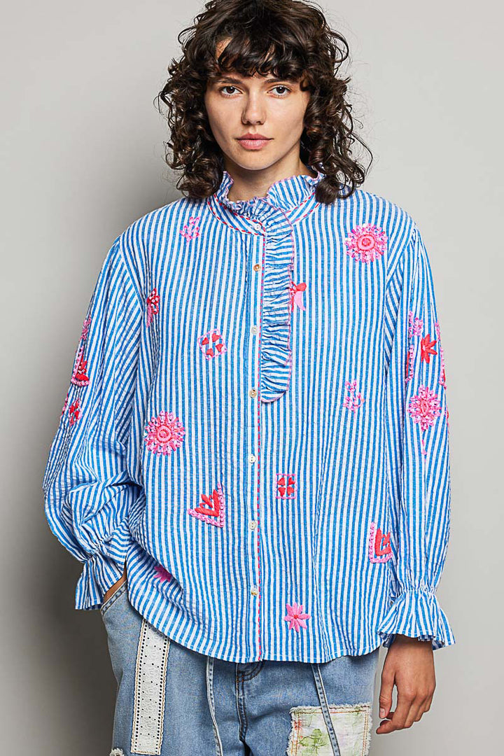 Seersucker Ruffled Collar Top by POL
