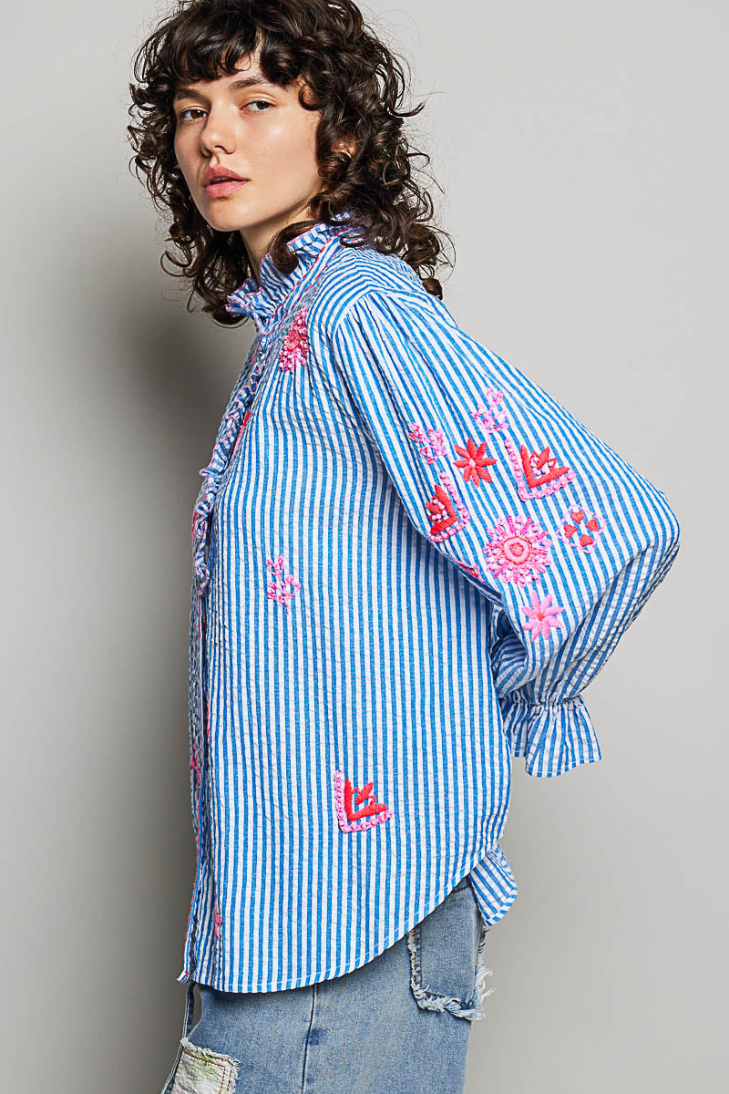 Seersucker Ruffled Collar Top by POL