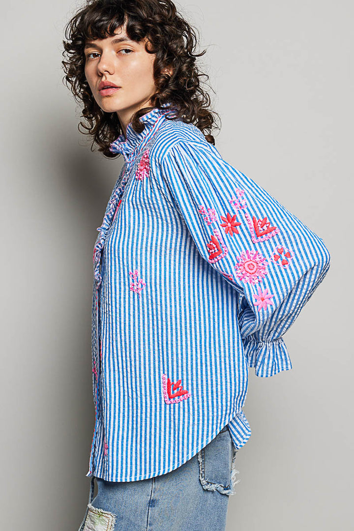 Seersucker Ruffled Collar Top by POL