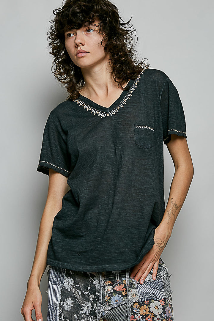 Stitched-Detail V-Neck Tee - Black by POL