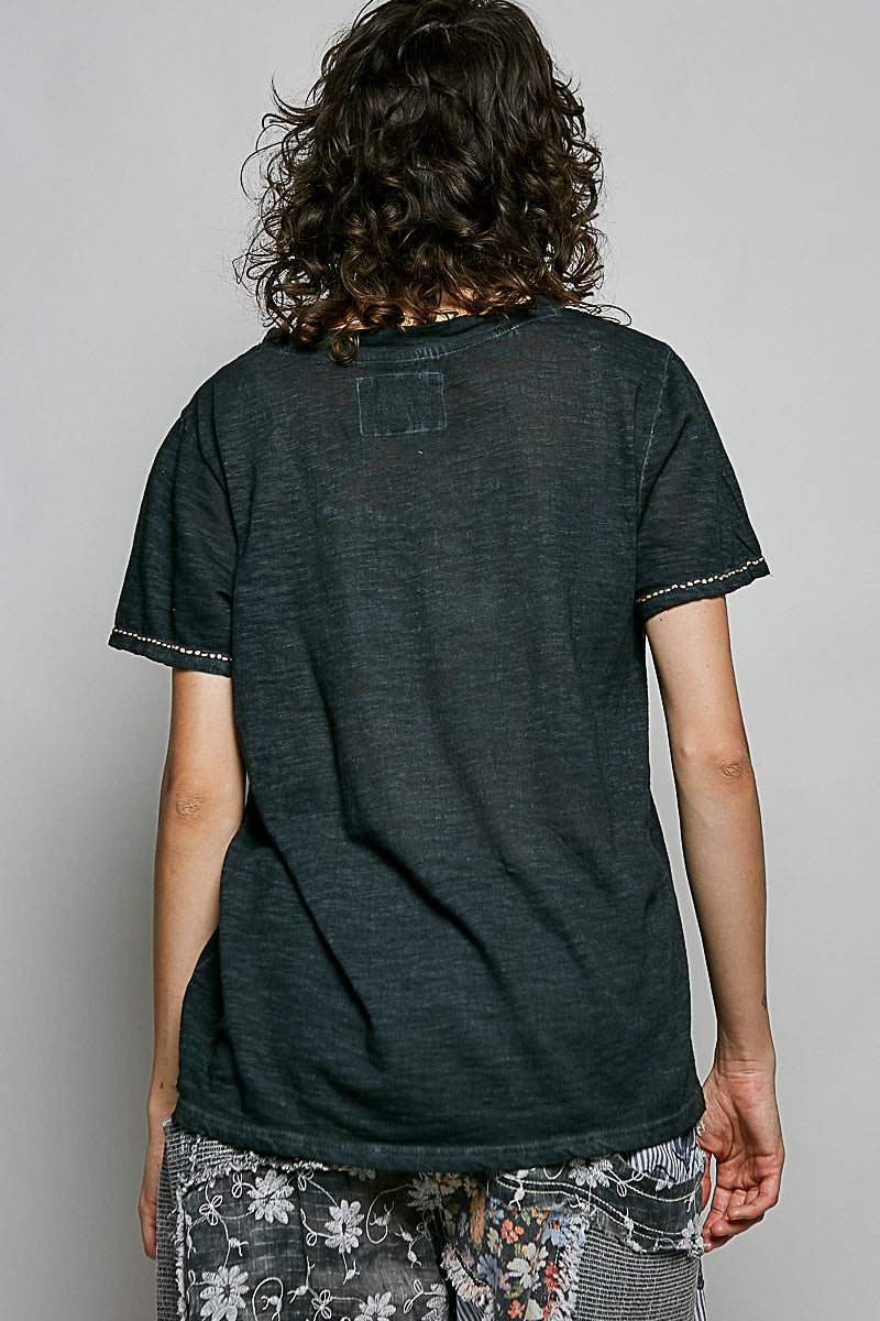 Stitched-Detail V-Neck Tee - Black by POL