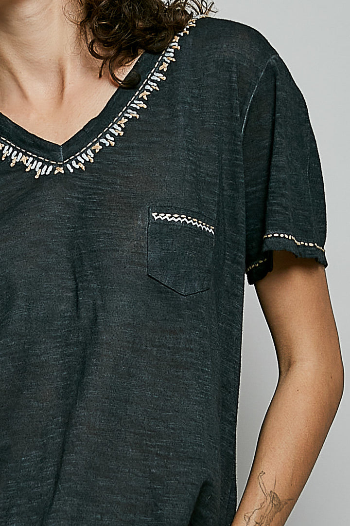 Stitched-Detail V-Neck Tee - Black by POL