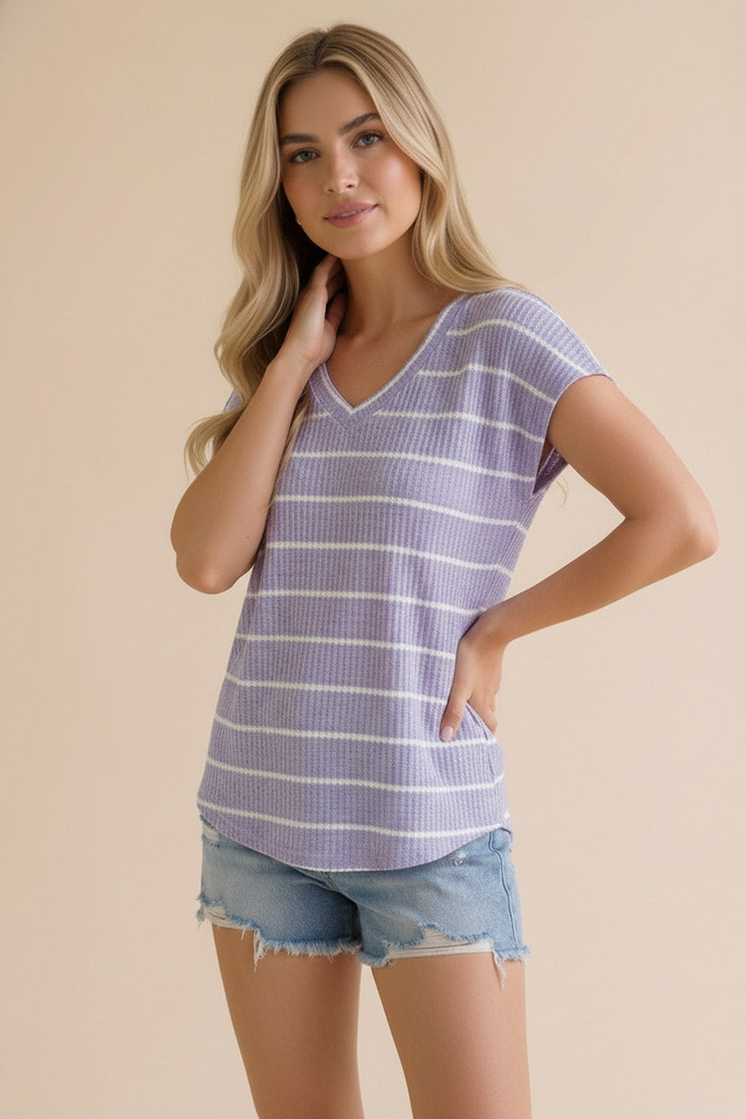 V-Neck Banded Cap Sleeve Top - Lavender Stripe