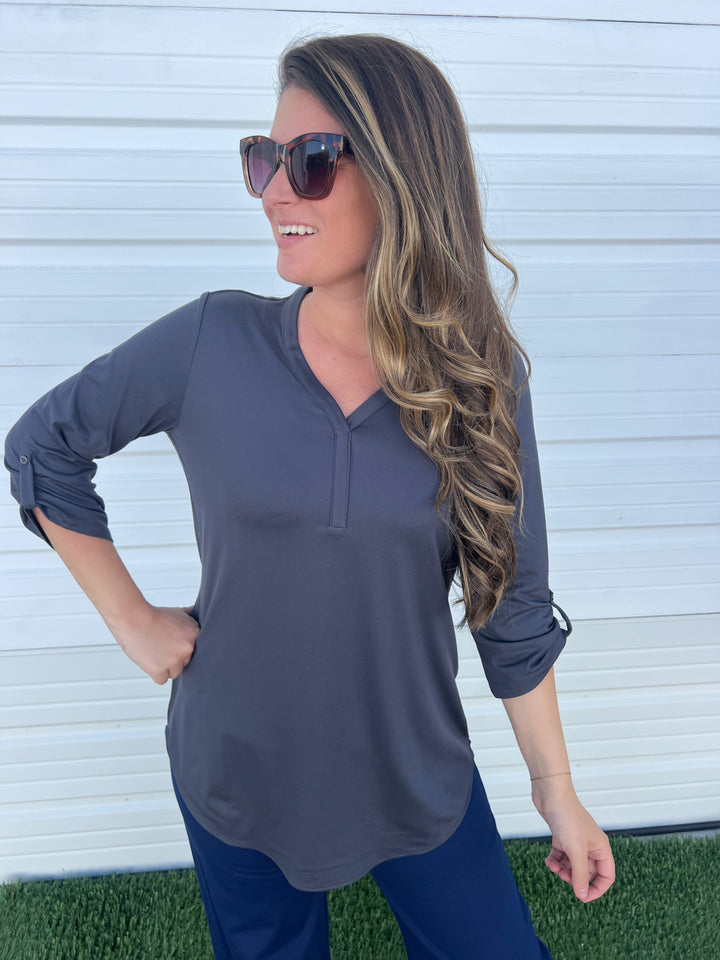 Thea City Stretch 3/4 Sleeve Tunic - Graphite