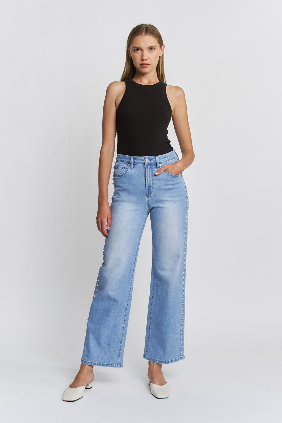 Ivy Indigo High Rise Wide Leg Pearl Embellishment Jeans By Mica Denim