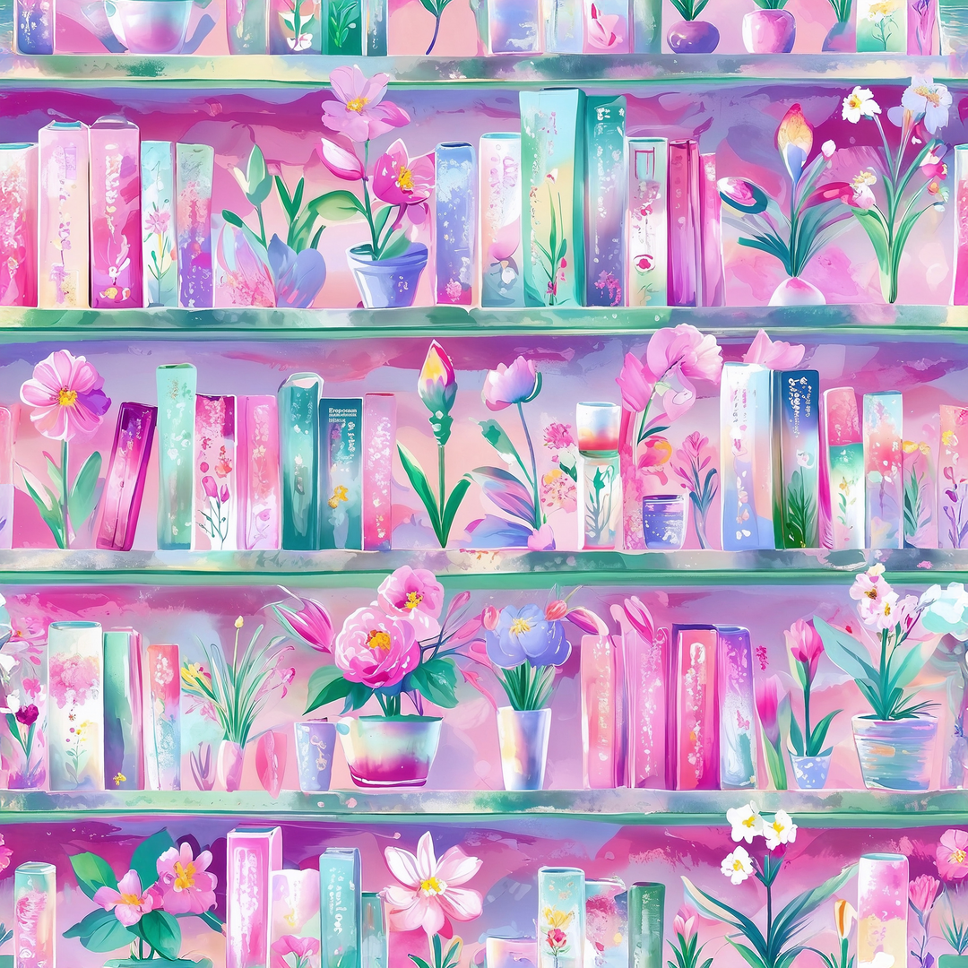 Watercolor bookshelf print featuring rows of pastel books interspersed with potted flowers and blooms in pink, teal, lavender, and green on a pink-purple background.