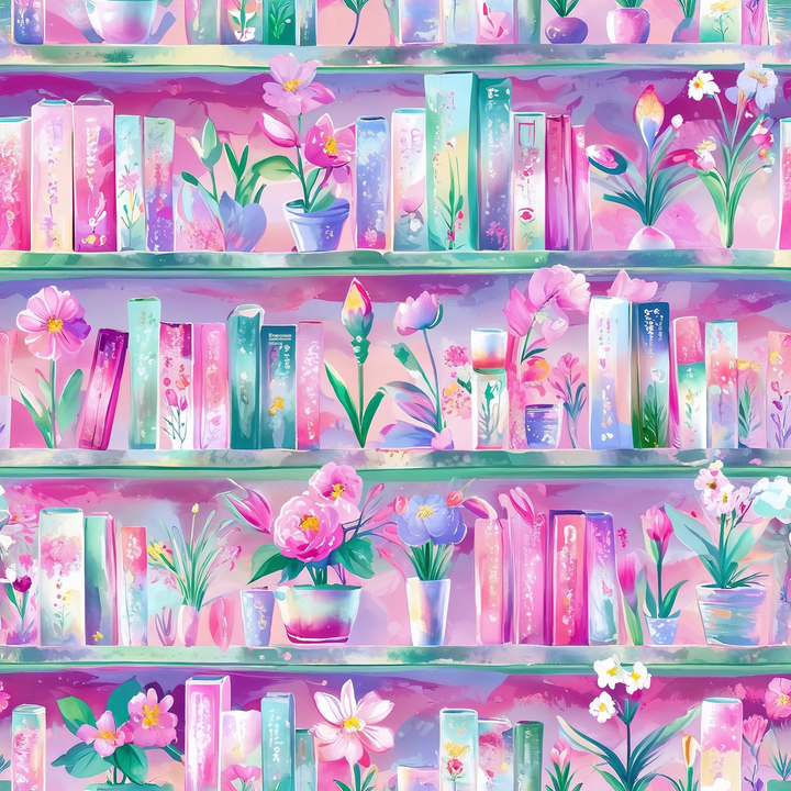 Watercolor bookshelf print featuring rows of pastel books interspersed with potted flowers and blooms in pink, teal, lavender, and green on a pink-purple background.