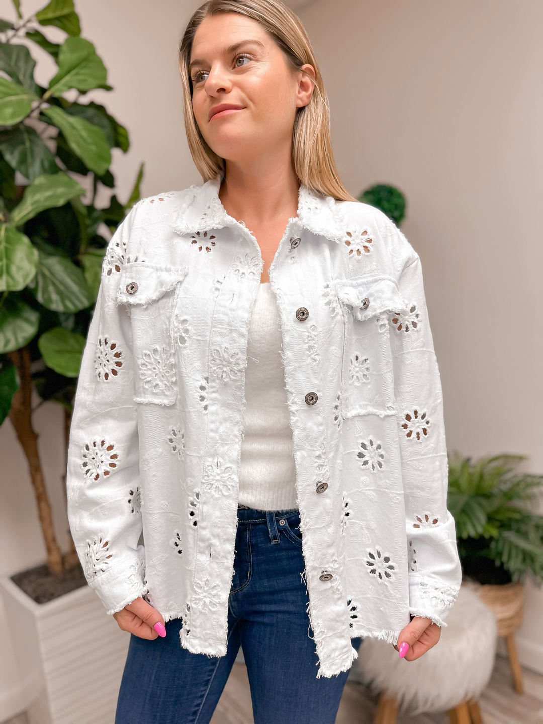 Eyelet Embroidered Denim Jacket - Off White by Sew In Love