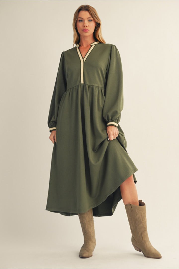 Puff Sleeve V-Neck Midi Dress - Olive  by Jodifl