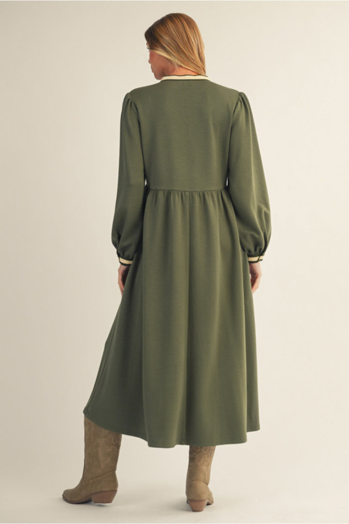 Puff Sleeve V-Neck Midi Dress - Olive  by Jodifl