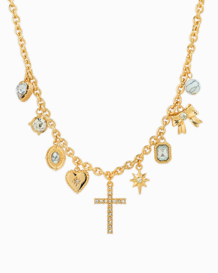 Cross Heart Stone Multi Charm Necklace