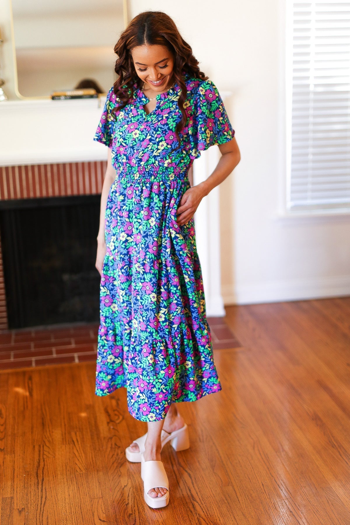 Eyes On You Navy Neon Floral Smocked Waist Maxi Dress (Shipping in 1-2 Weeks)
