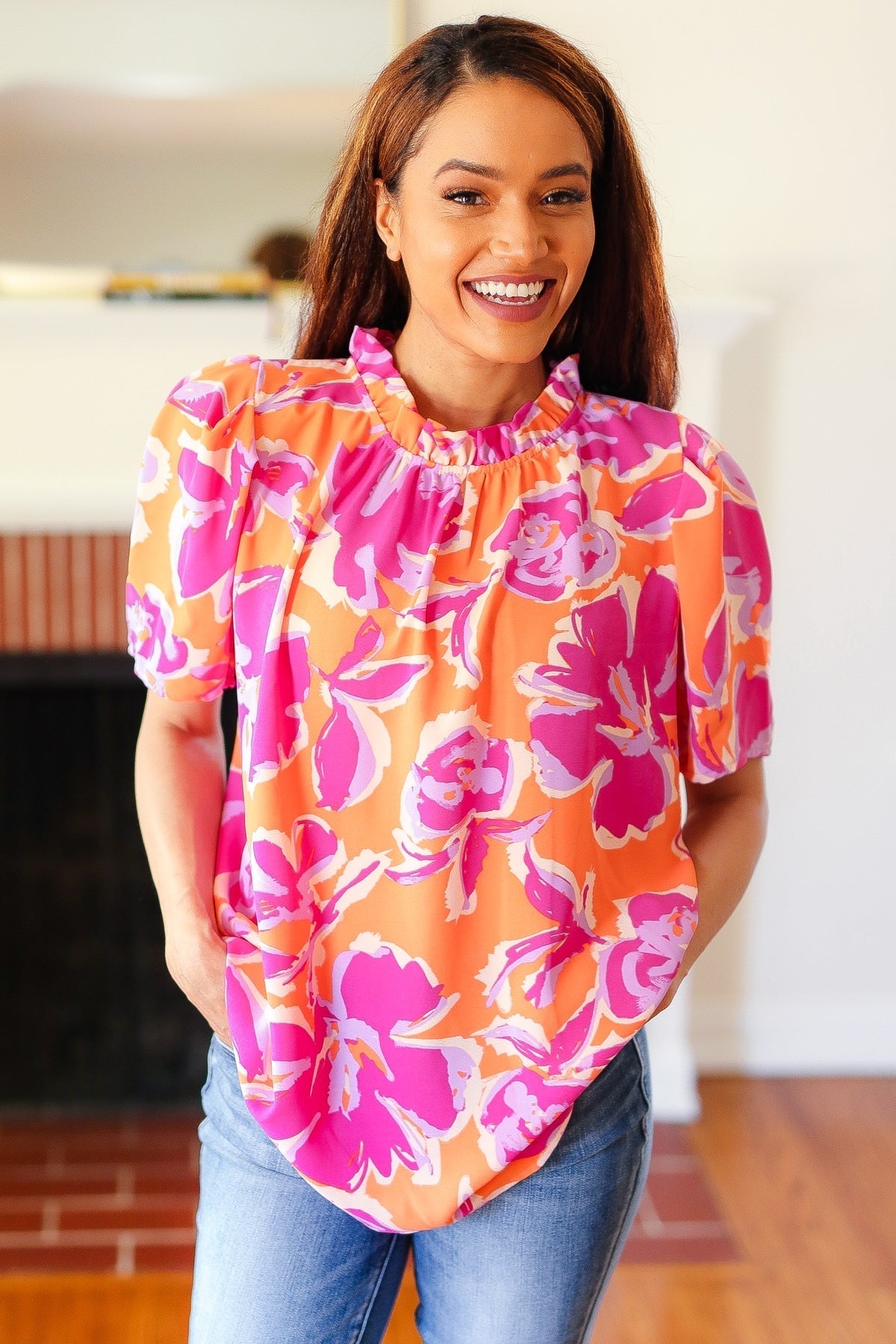 Feel Your Best Fuchsia Orange Floral Print Frill Mock Neck Top (Shipping in 1-2 Weeks)