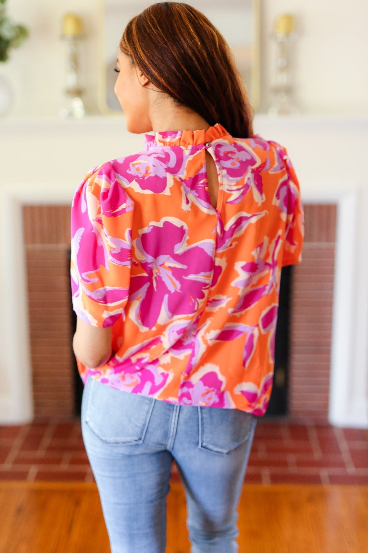 Feel Your Best Fuchsia Orange Floral Print Frill Mock Neck Top (Shipping in 1-2 Weeks)
