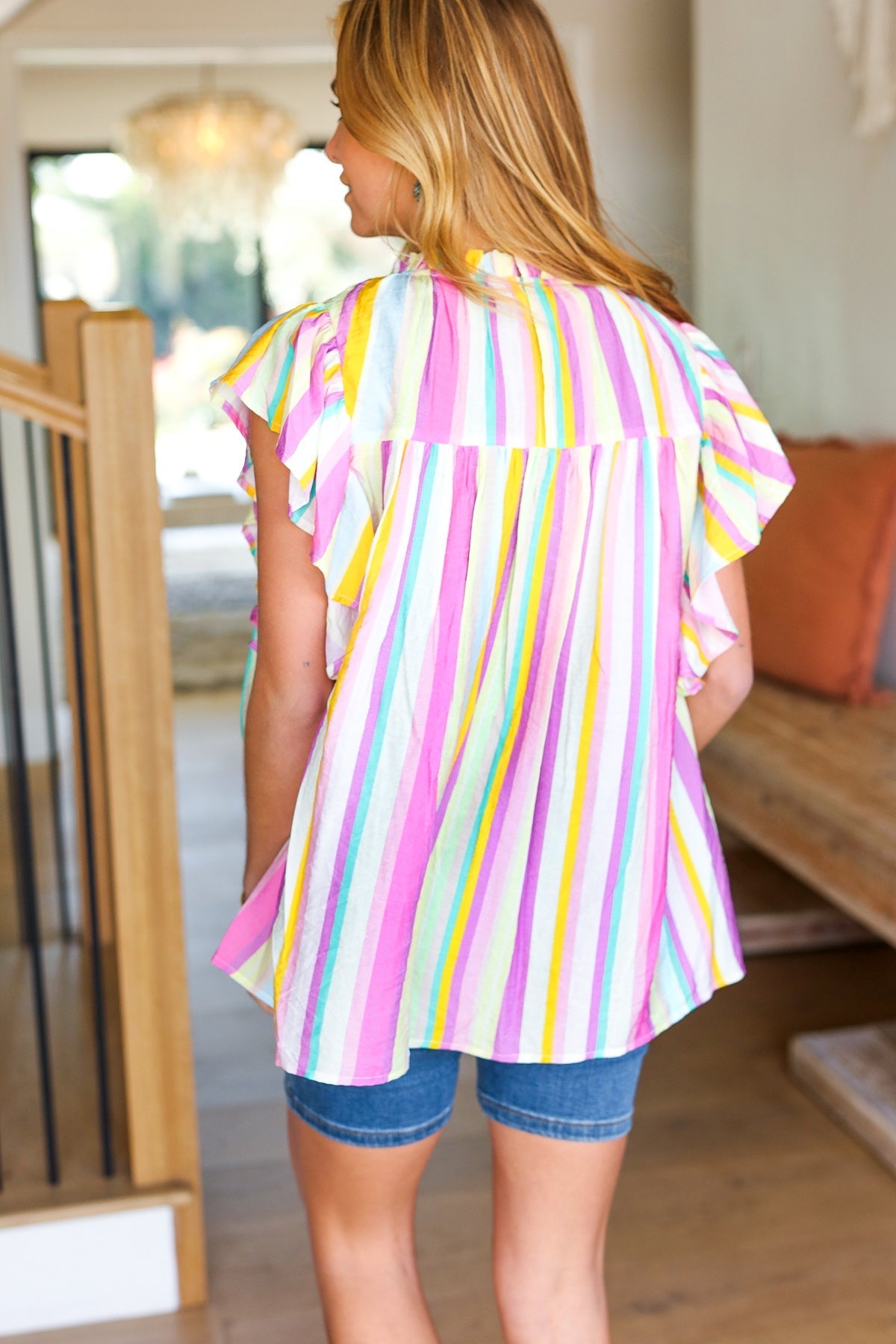 Perfectly You Multicolor Striped Shirred Yoke Mock Neck Top (Shipping in 1-2 Weeks)