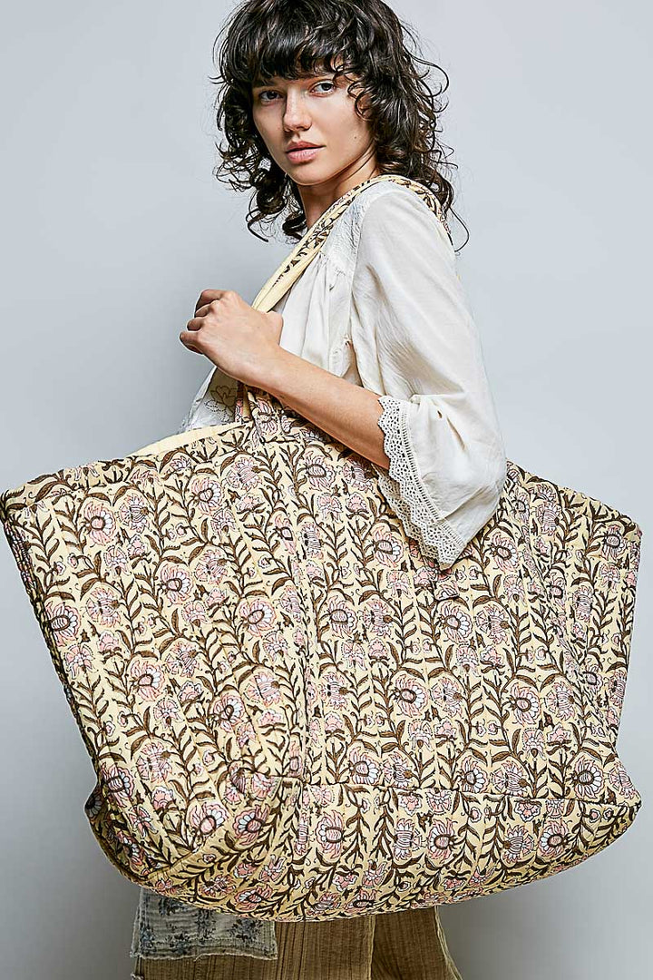 Ribbon-Tie Quilted Floral Jumbo Tote Bag - Honey by POL
