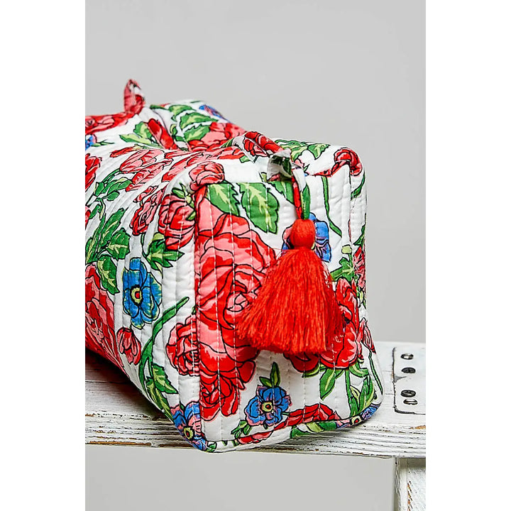 Floral Quilted Tassel Cosmetic Pouch - Red Floral by POL