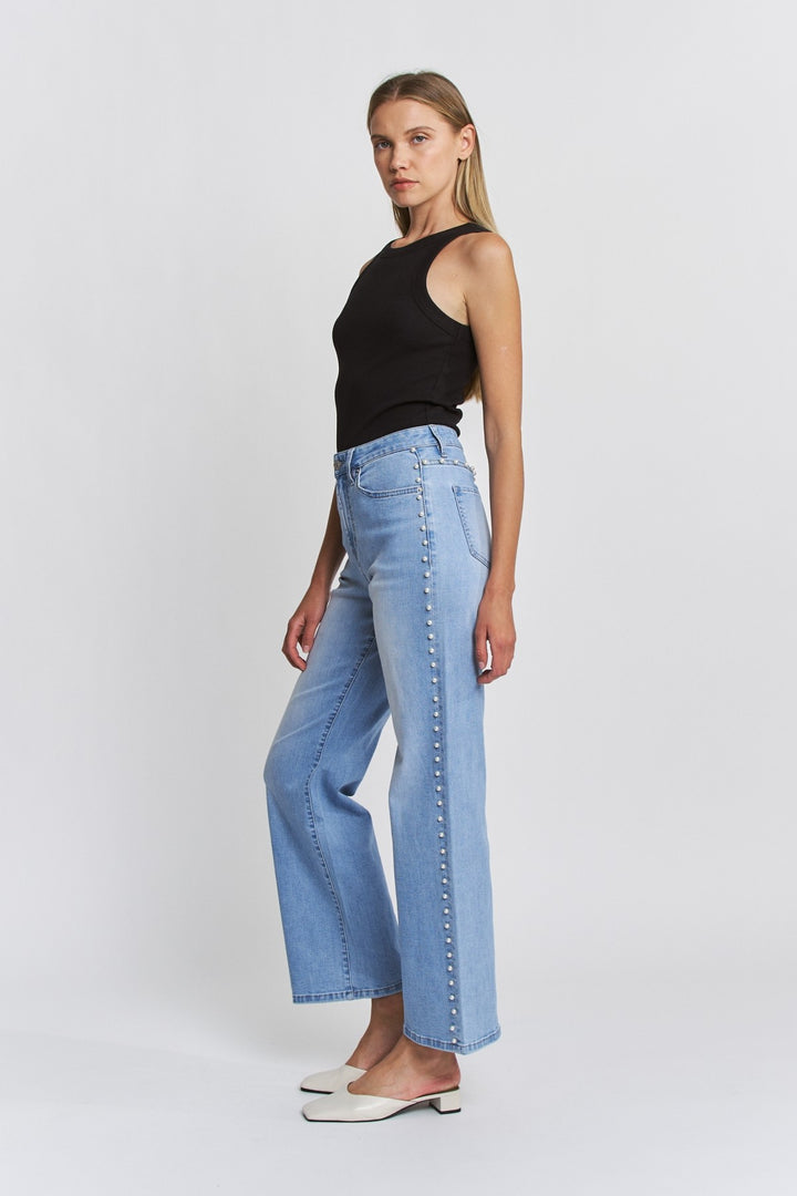 Ivy Indigo High Rise Wide Leg Pearl Embellishment Jeans By Mica Denim