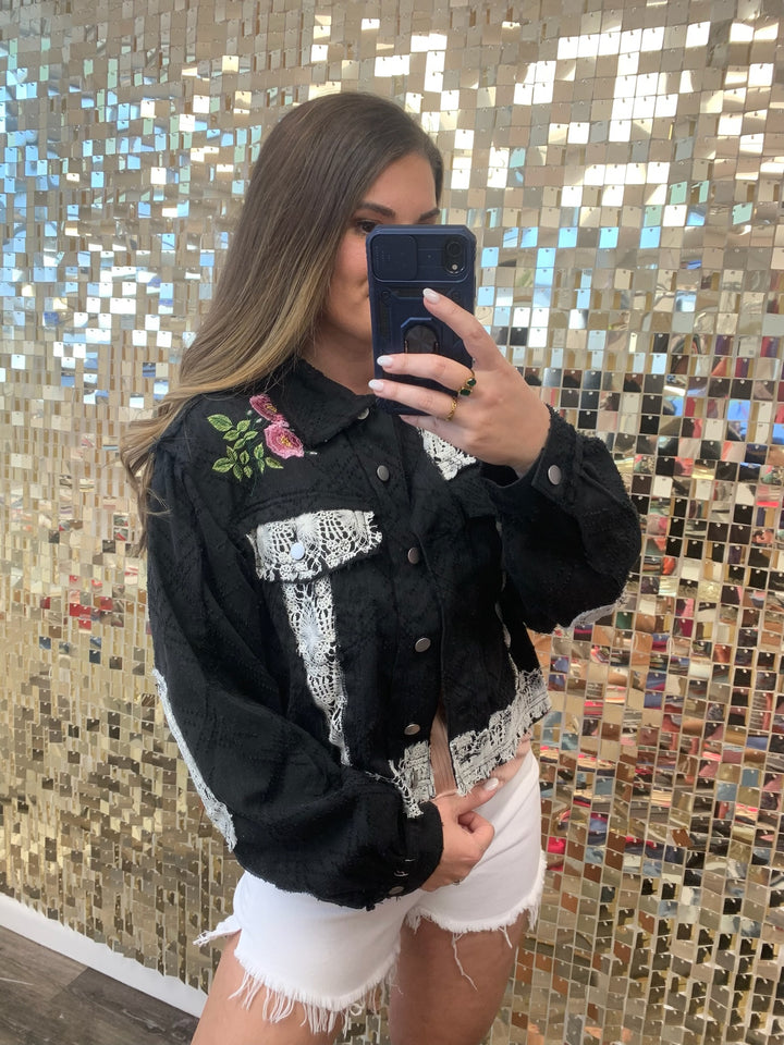 'PEACE' Embroidered Textured Lace Jean Jacket by POL - Black Multi