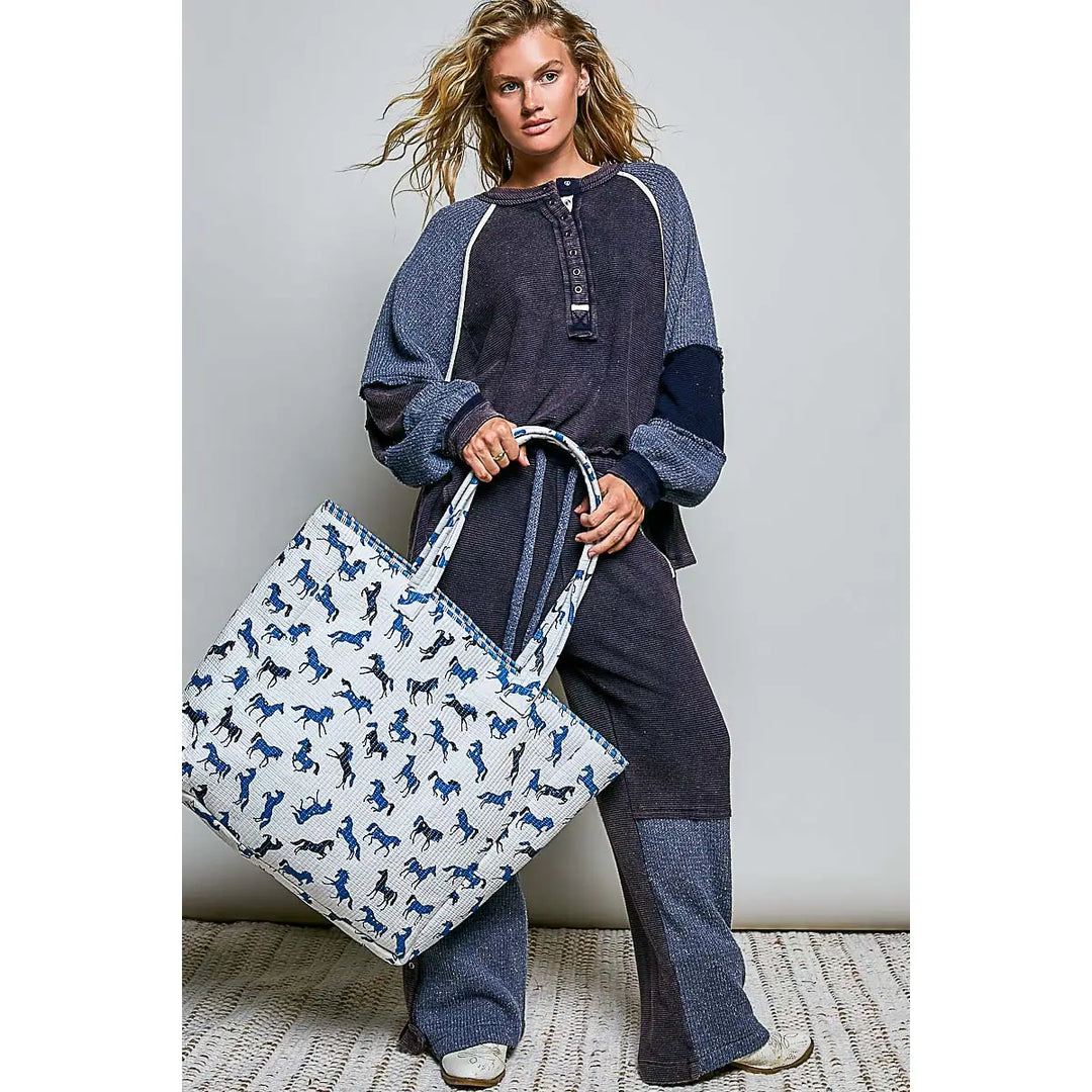 Quilted Woven Jumbo Tote Bag - Blue Horse by POL
