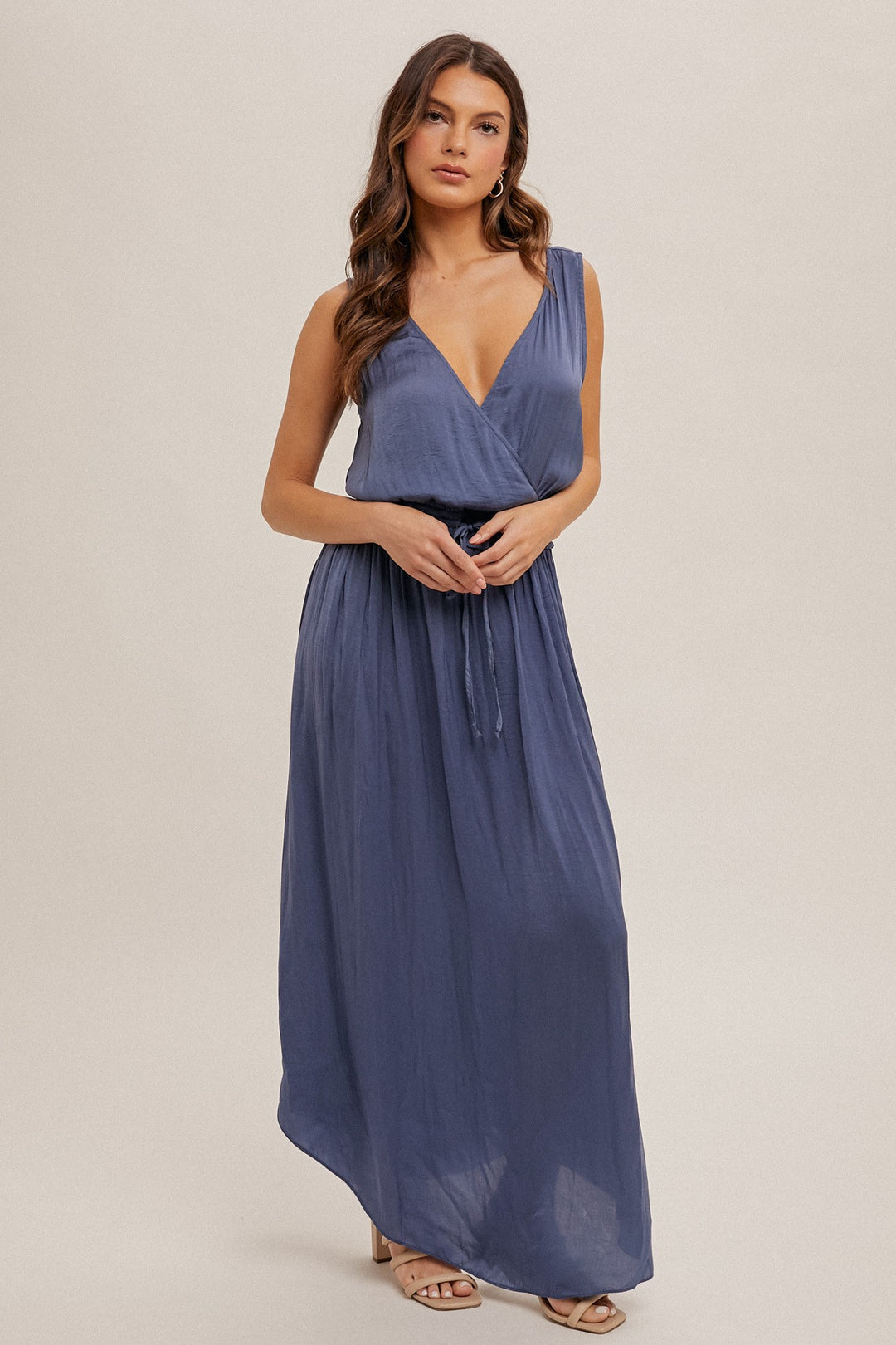 satin surplice maxi dress Surplice Long Sleeve Satin Pleated Midi Dress
