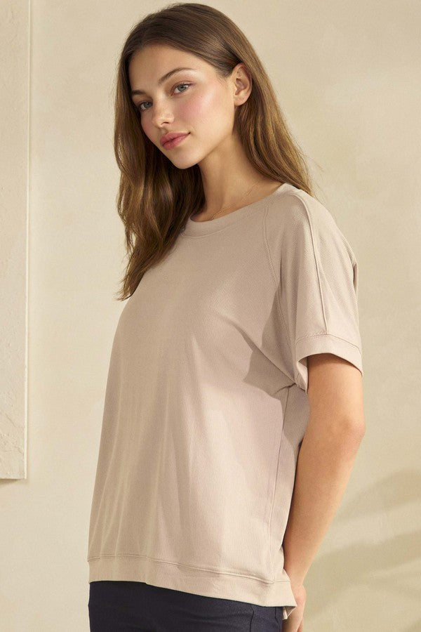 Everyday Soft Ribbed Loose Fit Short Sleeve Top - Light Mocha by Yelete
