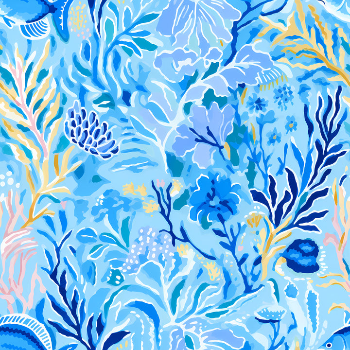Blue watercolor underwater botanical print featuring layered coral, seaweed, hibiscus, and wildflower motifs in shades of sky blue, periwinkle, navy, and gold on a light blue background.
