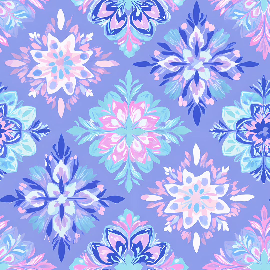 Periwinkle blue allover medallion print featuring symmetrical watercolor floral snowflake motifs in pink, teal, lavender, navy, and white on a medium blue-purple background.