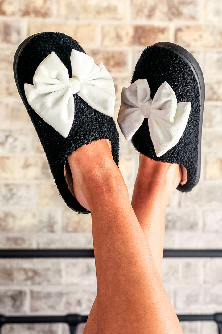 Cozy Bow Slippers- Black/White by Jess Lea (PREORDER: Ships in October)
